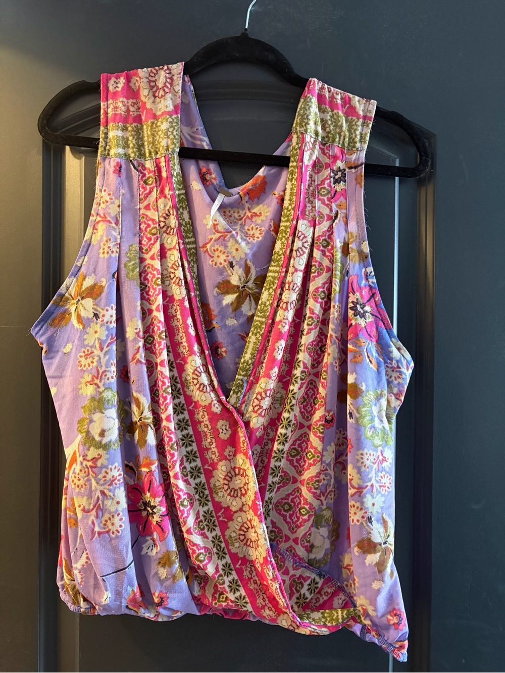 Free People Lavender Floral Surplice Tank with Pink & Green Trim